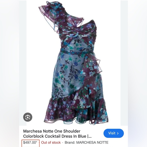 Marchesa Notte One Shoulder Colorblock Cocktail Dress In Blue - Picture 12 of 14